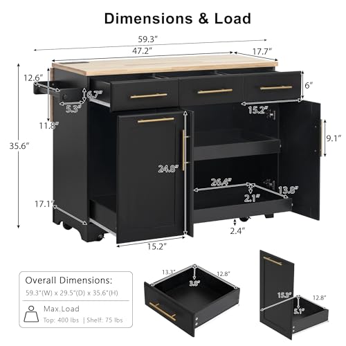 Ball & Cast Farmhouse Kitchen Island with Drop Leaf & Barn Door,Rolling Kitchen Cart on Wheels with Power Outlet,3 Large Drawers,Adjustable Shelf & Spice Rack,for Home,Kitchen,Dining Room,Black,56