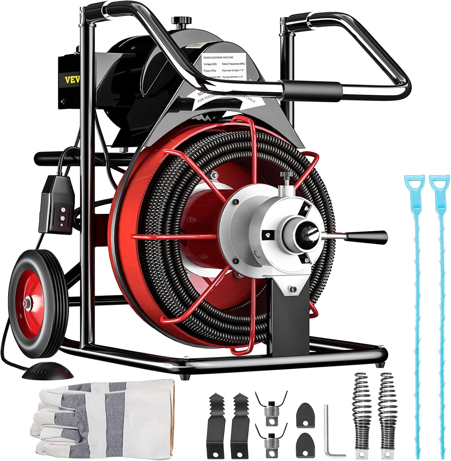 VEVOR 50 Ft x 1/2Inch Drain Cleaner Machine 370W Open Drain Cleaning Machine Portable Electric Drain Auger with Cutters Glove Drain Auger Cleaner Sewer Snake fit 1 Inch (25mm) to 4 Inch(100mm) Pipes