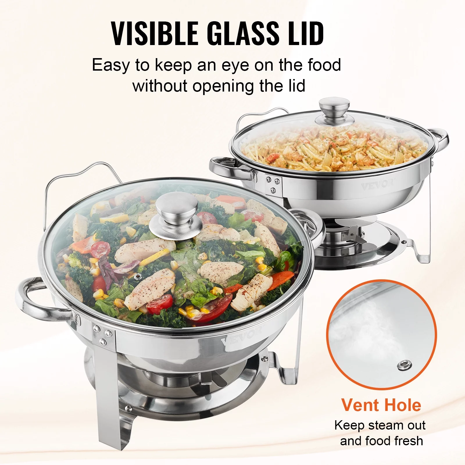 BENTISM 2-Packs Chafing Dish Buffet Set Chafing 4Qt Round Buffet Chafe Warmer Set Stainless Steel Chafer with Glass Lid Fuel Holder