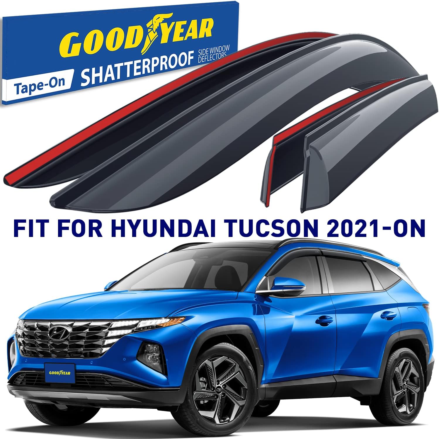 Goodyear Shatterproof Window Deflectors for Hyundai Tucson 2021-2024, Tape-on Rain Guards, Window Visors, Vent Deflector Visor,Car Accessories,4 pcs. - GY008718