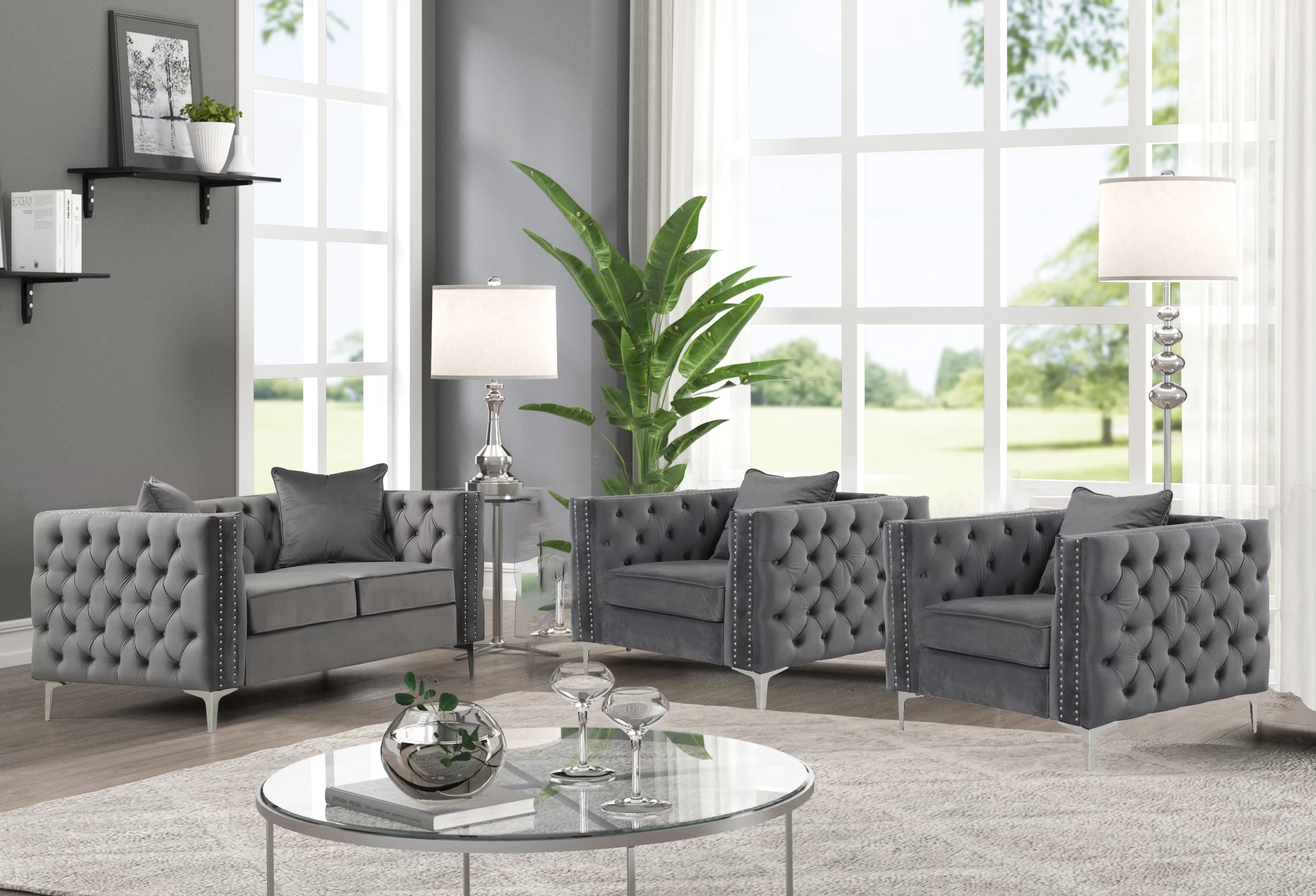Alexandria - Gray Velvet fabric 3 Pieces Living room Set - 1 Loveseat and 2 Armchairs.