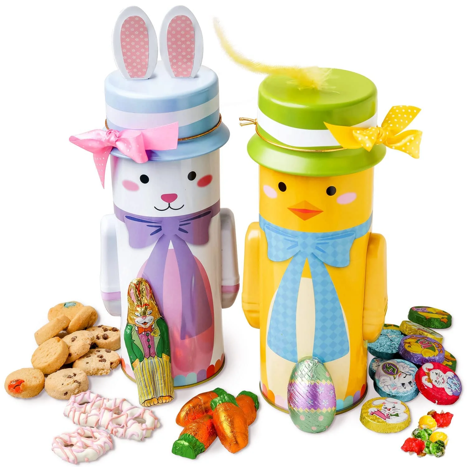 Easter Gift Basket | Snack and Treat Filled Easter Candy Bunny and Chick Tins | Perfect for Kids, Families, 2 Count | Bonnie and Pop
