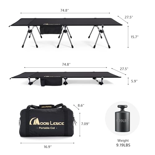 MOON LENCE Height Adjustable Camping Cot - Supports 330 lbs, Portable Folding Bed with Leg Extenders for Camping, Hiking, Travel, Black