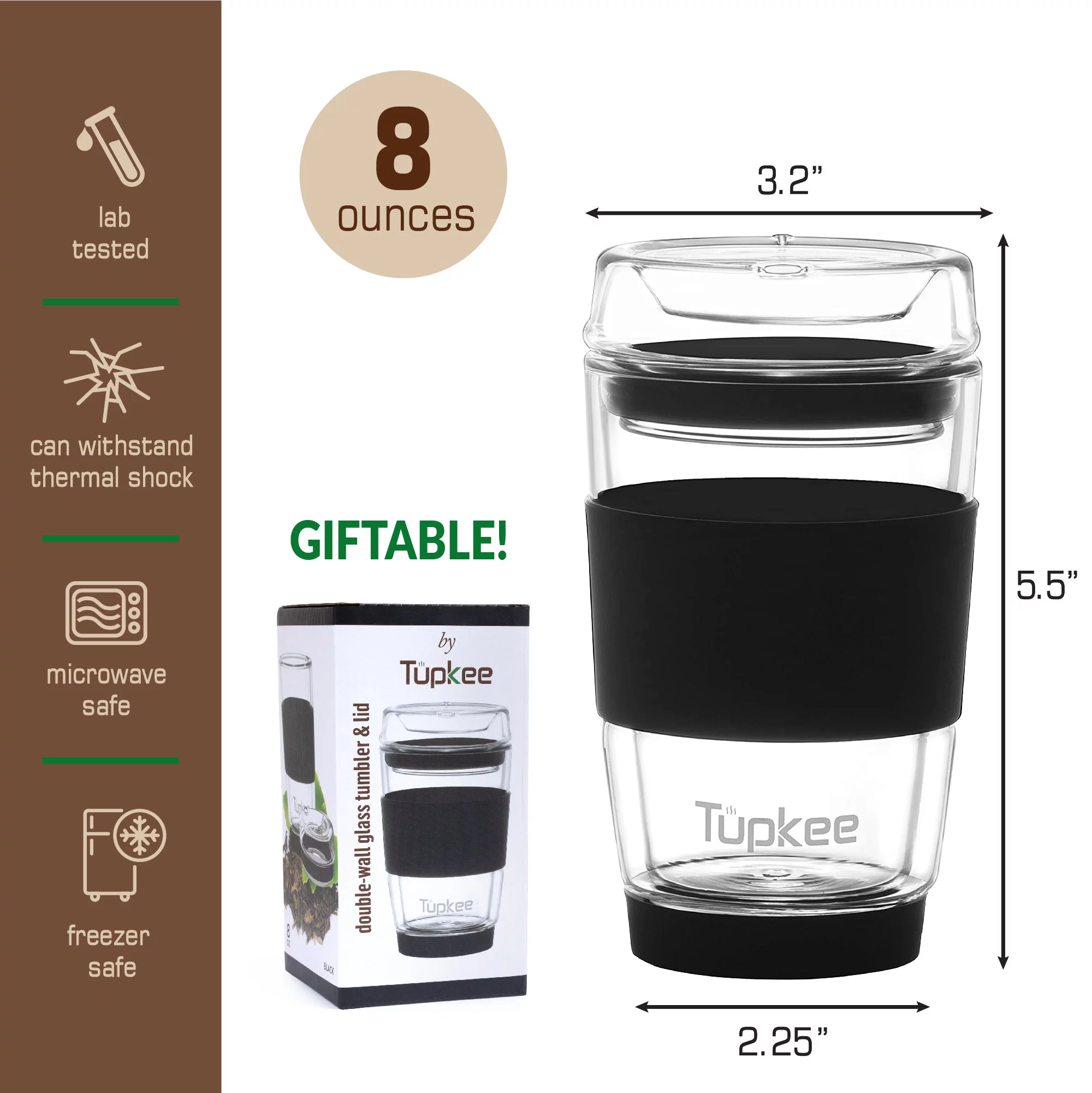 Tupkee Double Wall Glass Tumbler - All Glass Reusable Insulated Tea/Coffee Mug & Lid, Hand Blown Glass Travel Mug, 8-Ounce, Black