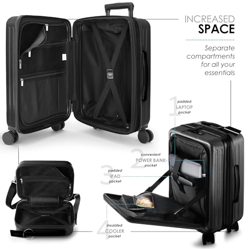 22 Inch Carry On Luggage 22x14x9 Airline Approved, Carry On Suitcase with Wheels, Hard-shell Carry-on Luggage, Durable Luggage Carry-On, Black Small Suitcase with Cosmetic Case