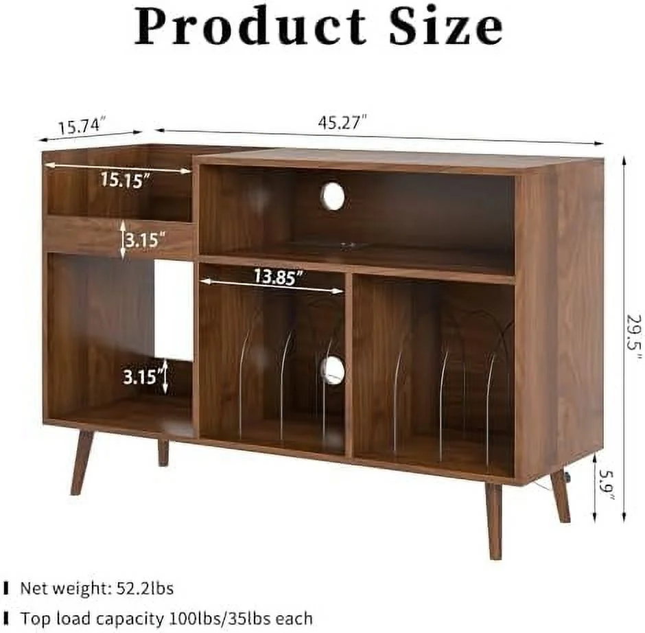 TJBOLIFE Mid-Century Record Player Stand with  Vinyl Record Cabinet Record Player Table with Power Outlet Turntable Stand Large Record Holder Holds for Bedroom Living Room