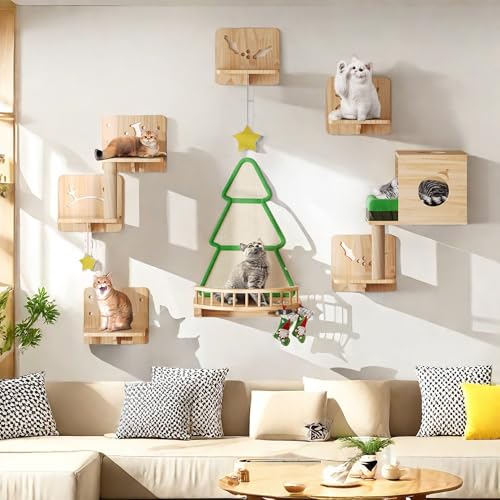 Cat Wall Shelves and Perches, Solid Wood Wall Mounted Cat Furniture, Set of 13 Cat Climbing Shelves with Moon Hammock, House, Wall Ladder, Scratching Post and Cat Tunnel