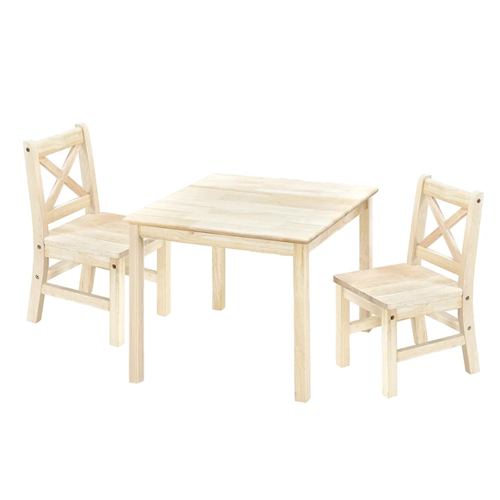 eHemco Solid Hard Wood Kids Table and Chair Set (2 Chairs Included), Unfinished, 3 Pieces Set