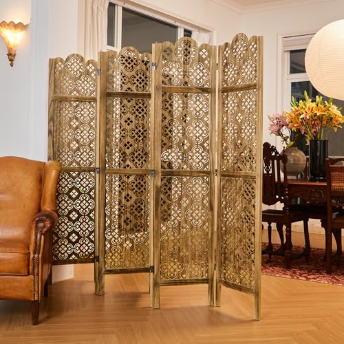 68.9Inch Folding Room Divider, 4 Panels Wood Carved Privacy Screens - Ideal Decorative Partition for Home, Office, Restaurant, Bedroom (Dark Brown)