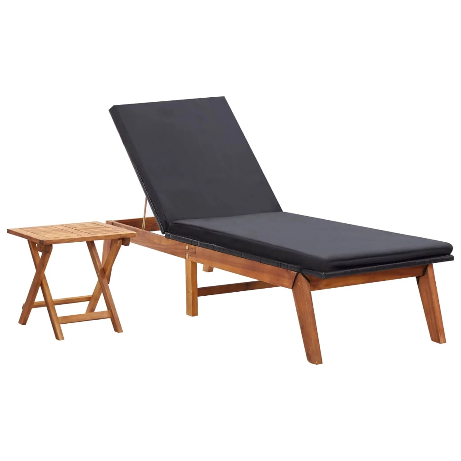 Anself Outdoor Sun Lounger with Cushion and Folding Table Set Backrest Adjustable Chaise Lounge Chair Black Poly Rattan Acacia Wood for Poolside, Patio, Deck, Backyard, Balcony, Garden Furniture
