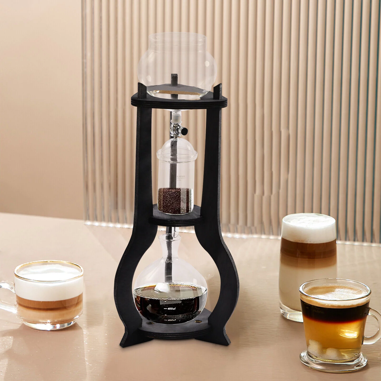 Fichiouy 600ml Cold Brew Iced Coffee Drip Tower Wooden Coffee Maker for 6-8 Cups Coffee Gray