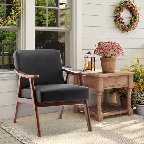 Rovibek Upholstered Accent Chair with Arms - Mid Century Modern Accent Chairs with Wood Frame, Upholstered Arm Chairs with 5.9in Thick Foam, Beige Occasional Chair, Set of 2