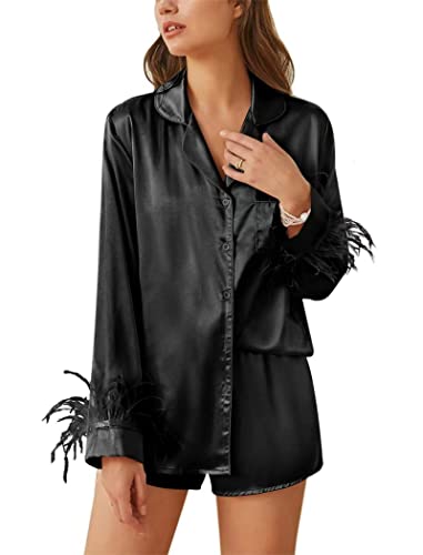 Ekouaer Women's Bridal Feather Trim Silk Satin Pajama Set Long Sleeve Lounge Sets Sleepwear (Removable Feather)