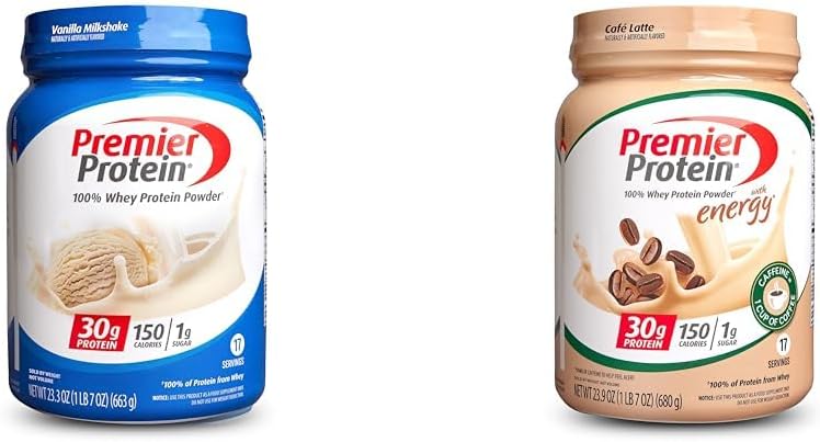 Premier Protein Powder Vanilla & Cafe Latte, 30g Protein, 1g Sugar, 17 Servings, 100% Whey, Keto, Gluten Free, 23.3 & 23.9 Ounces