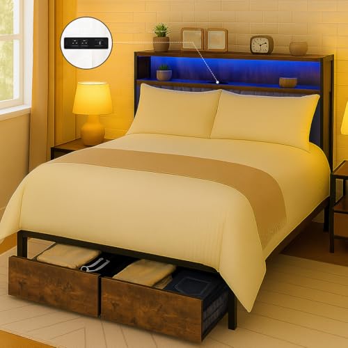COMHOMA Platform Bed Frame with LED Lights and Charging Station, Storage Headboard and Footboard Drawers, No Box Spring Needed, Rustic Wood Look (Queen (U.S. Standard))
