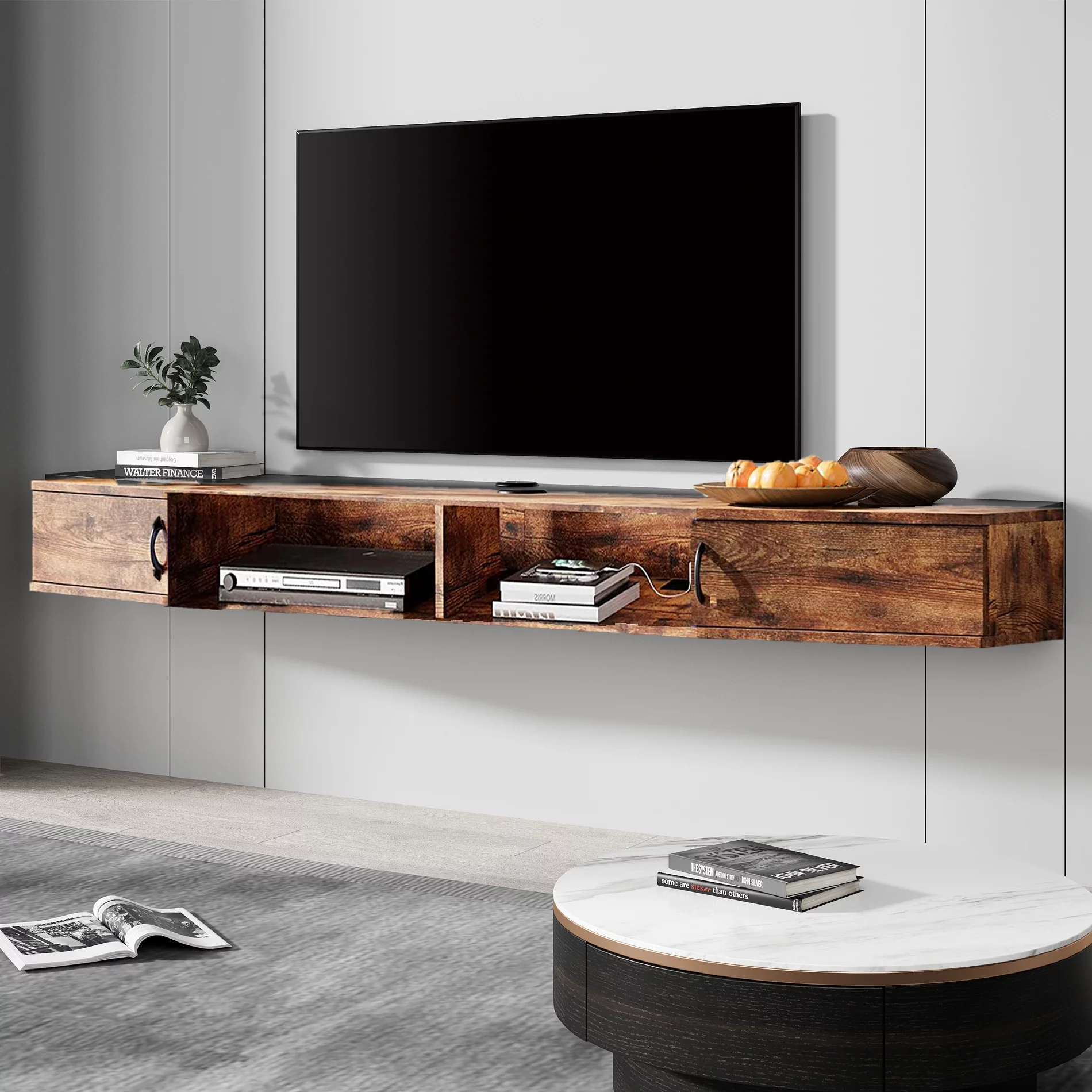 Floating TV Stand Wall Mounted Shelf with 16 LED Lights, Wood Media Console Entertainment Center Under TV, Cabinet Hutch Desk Storage for Living Room,Rustic Brown