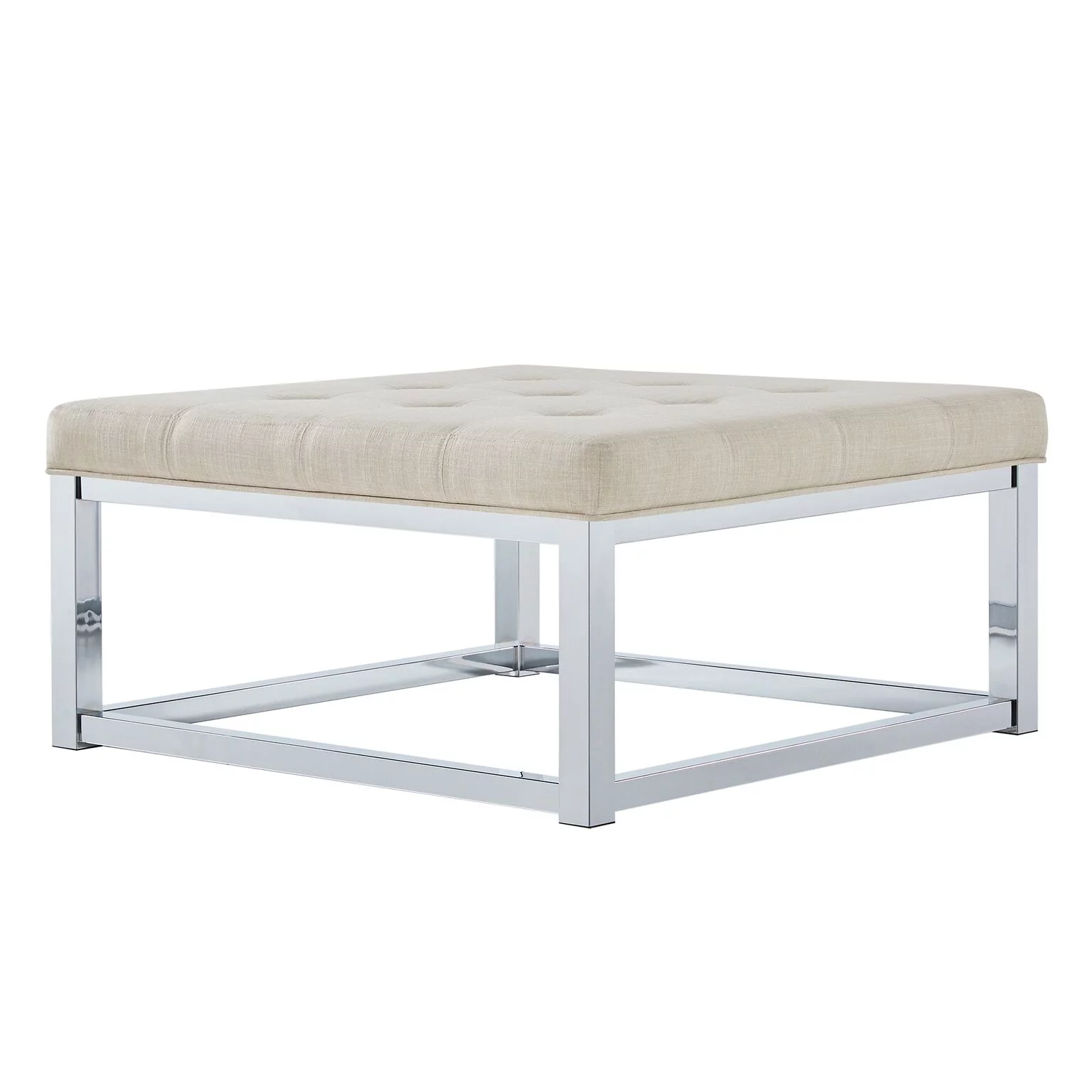 Weston Home Libby Dimpled Tufted Cushion Ottoman Coffee Table with Chrome Metal Straight Base, Beige Linen