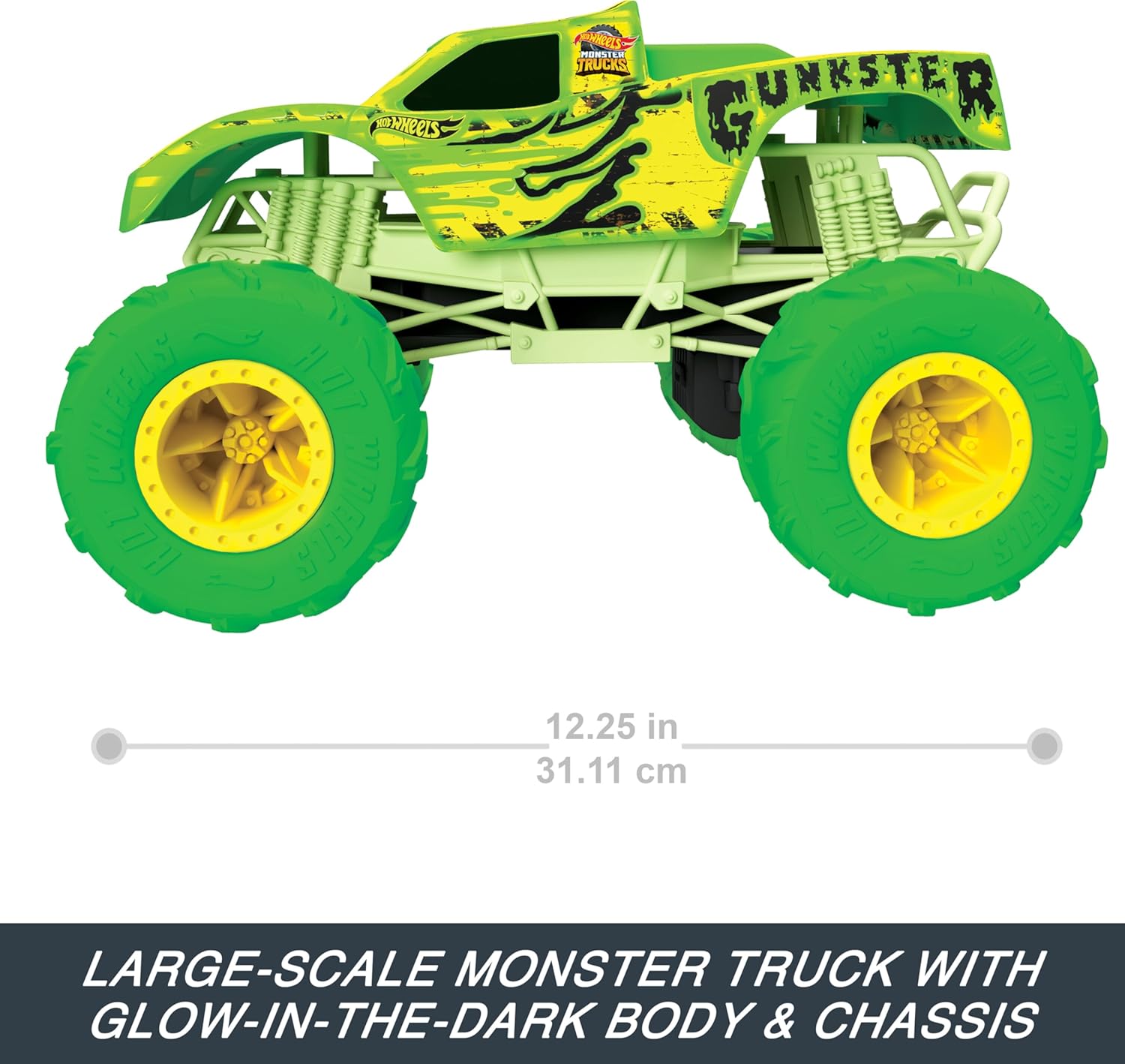 Hot Wheels Monster Trucks RC Toy, Remote-Control 1:15 Scale Gunkster, Glows in The Dark & has Terrain Action Tires with Off-Roading Capability