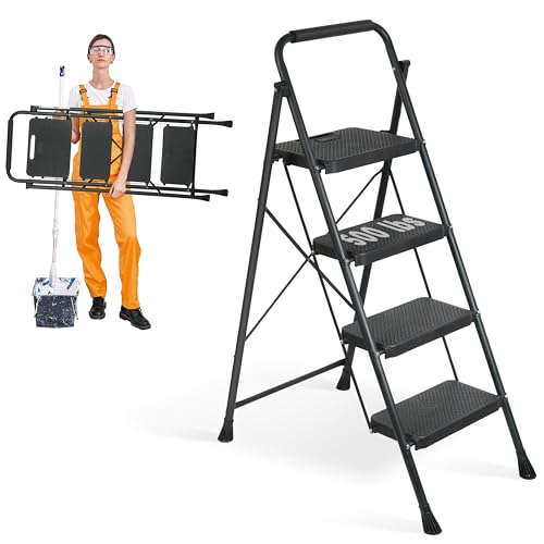 3 Step Ladder, Protable Steel Folding Stool with Wide Anti-Slip Pedal, 500lbs Sturdy Steel Ladder, Black