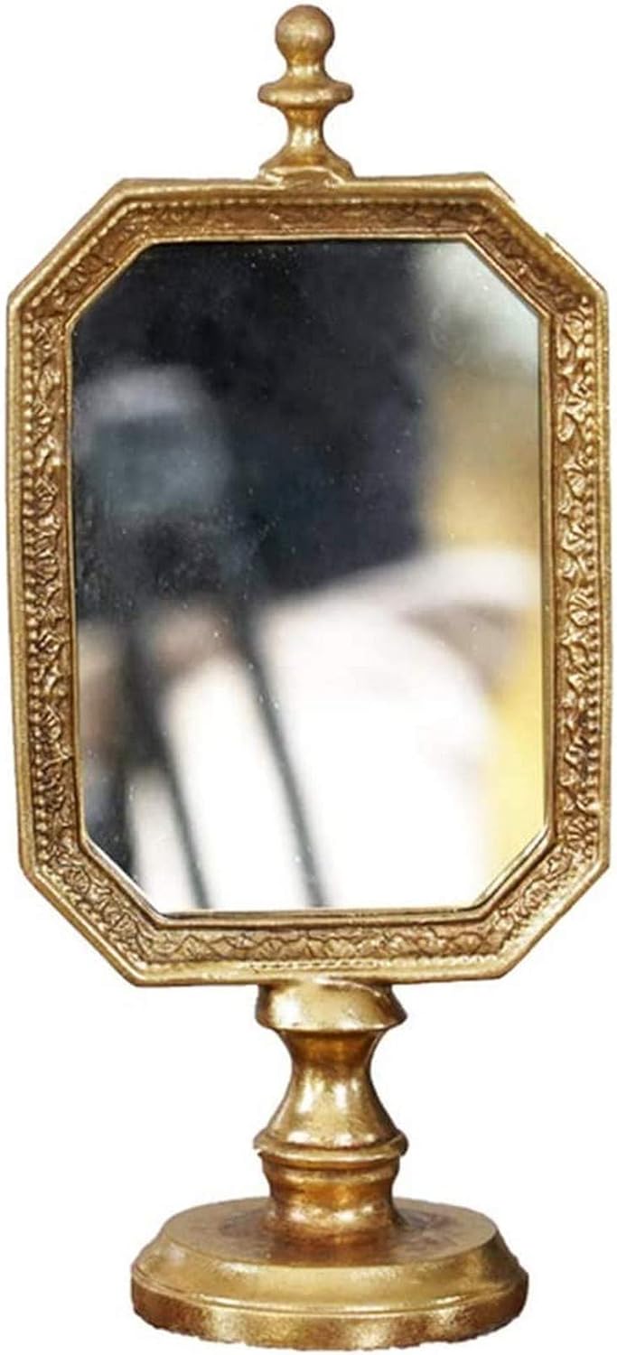 Table-style Folding Mirror Decoration-retro Handmade Old Desktop Makeup Mirror-nostalgic Golden Dressing Table Mirror Suitable for Home Decoration Any Desktop 4x9 Inches