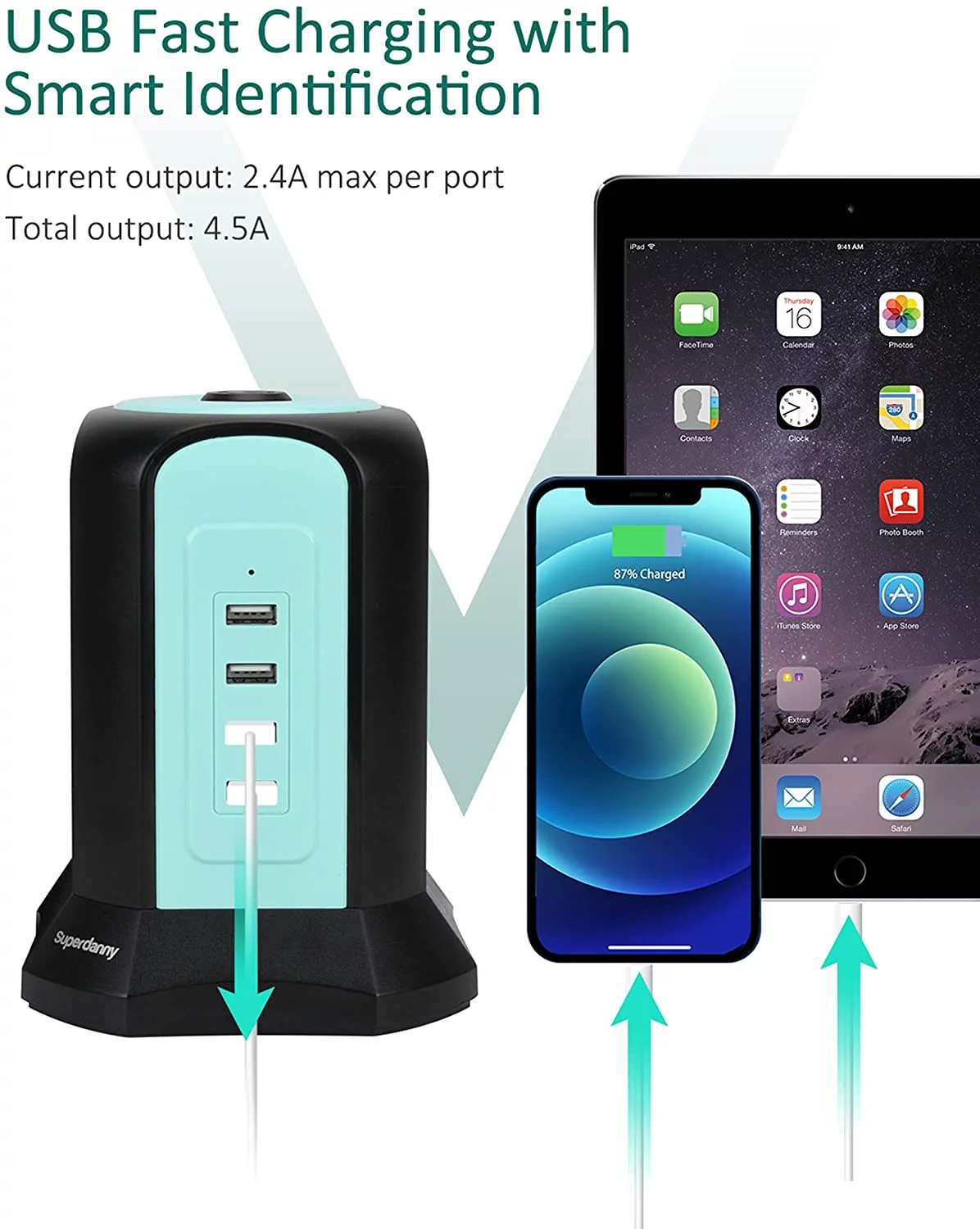 SUPERDANNY Surge Protector Tower Power Strip with USB Ports with 9 Outlets 10 ft Extension Cord Blue