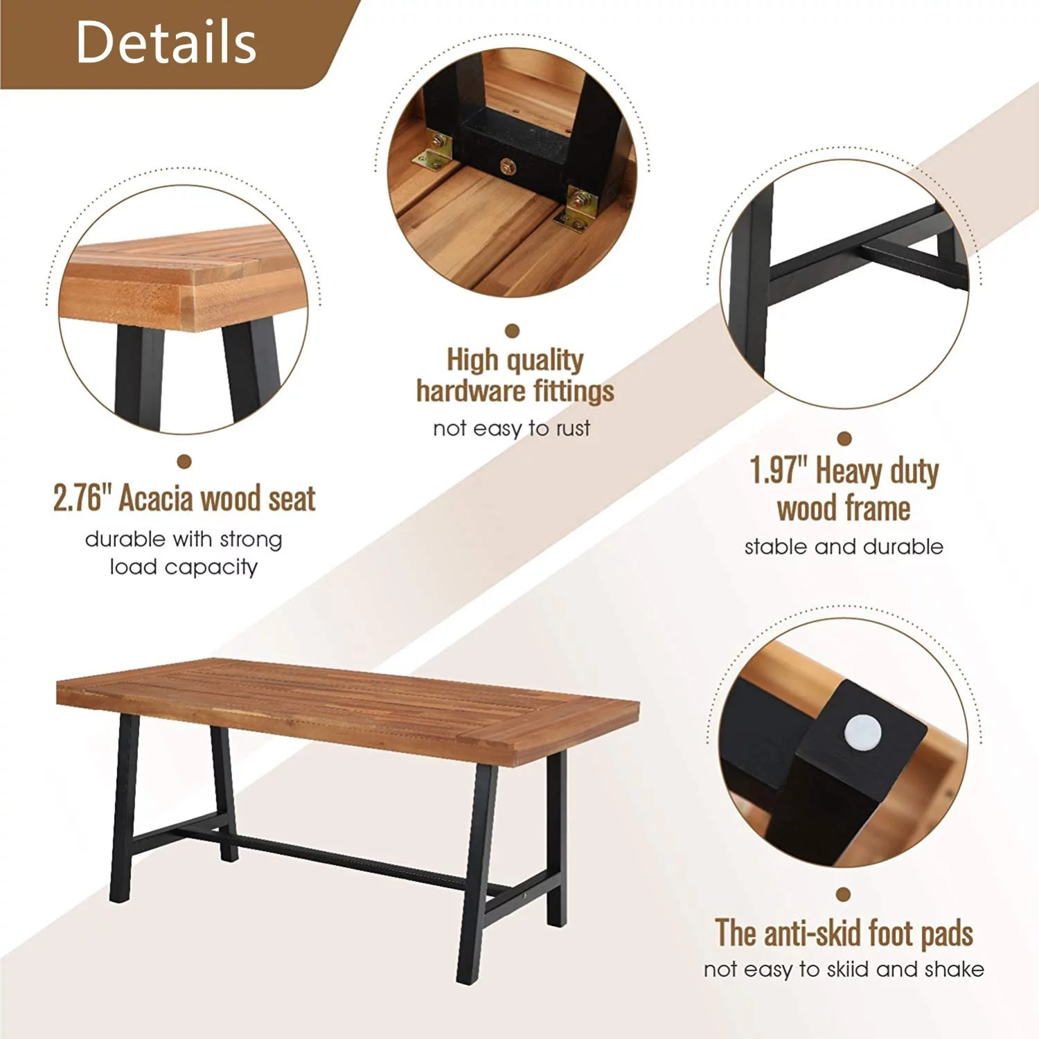 Sophia & William 68”L Outdoor Acacia Wood Rectangular Dining Table