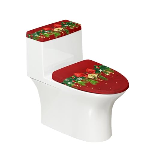 Christmas Bow Bell Toilet Tank Lid Cover and Toilet Seat Lid Cover 2 Pcs Set Toilets Covers with Elastic Cloth Fits Most Toilets Tanks & Lids