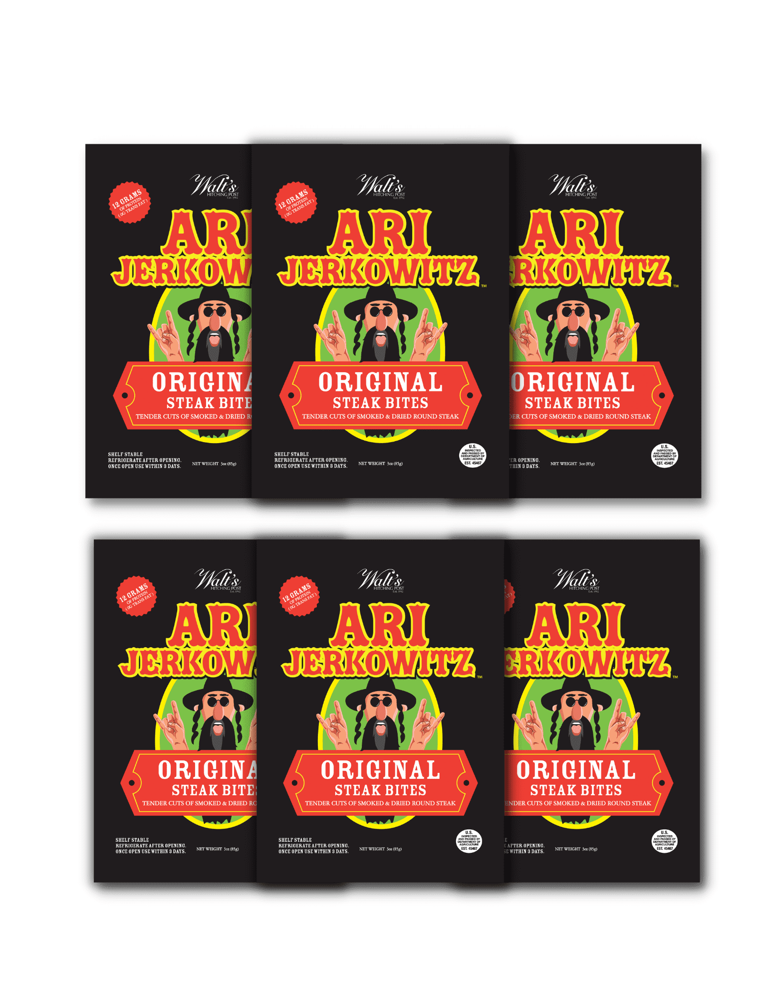 Ari Jerkowitz Original Steak Bites by Walt's Hitching Post Tender Cuts of Smoked & Dried Round Steak Beef Jerky 3 oz Bag - 6 Bags