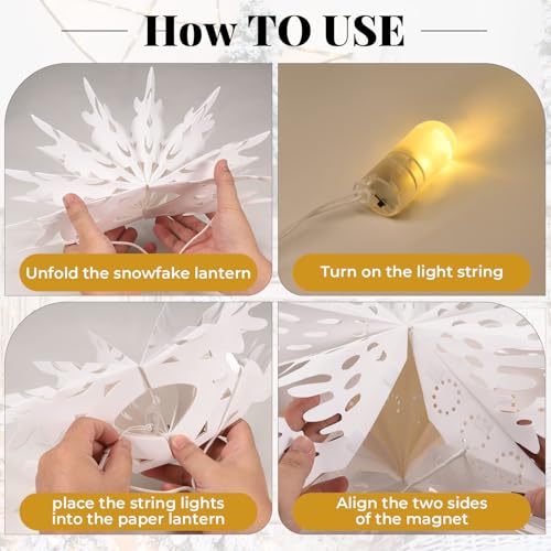 5 Pack Paper Snowflake Lanterns, Christmas Paper Star Lantern with Lights, 13/17 Inch 3D Hanging Lantern Lamp for Xmas Tree New Year Winter Frozen Weddings Birthday Holiday Party Decorations