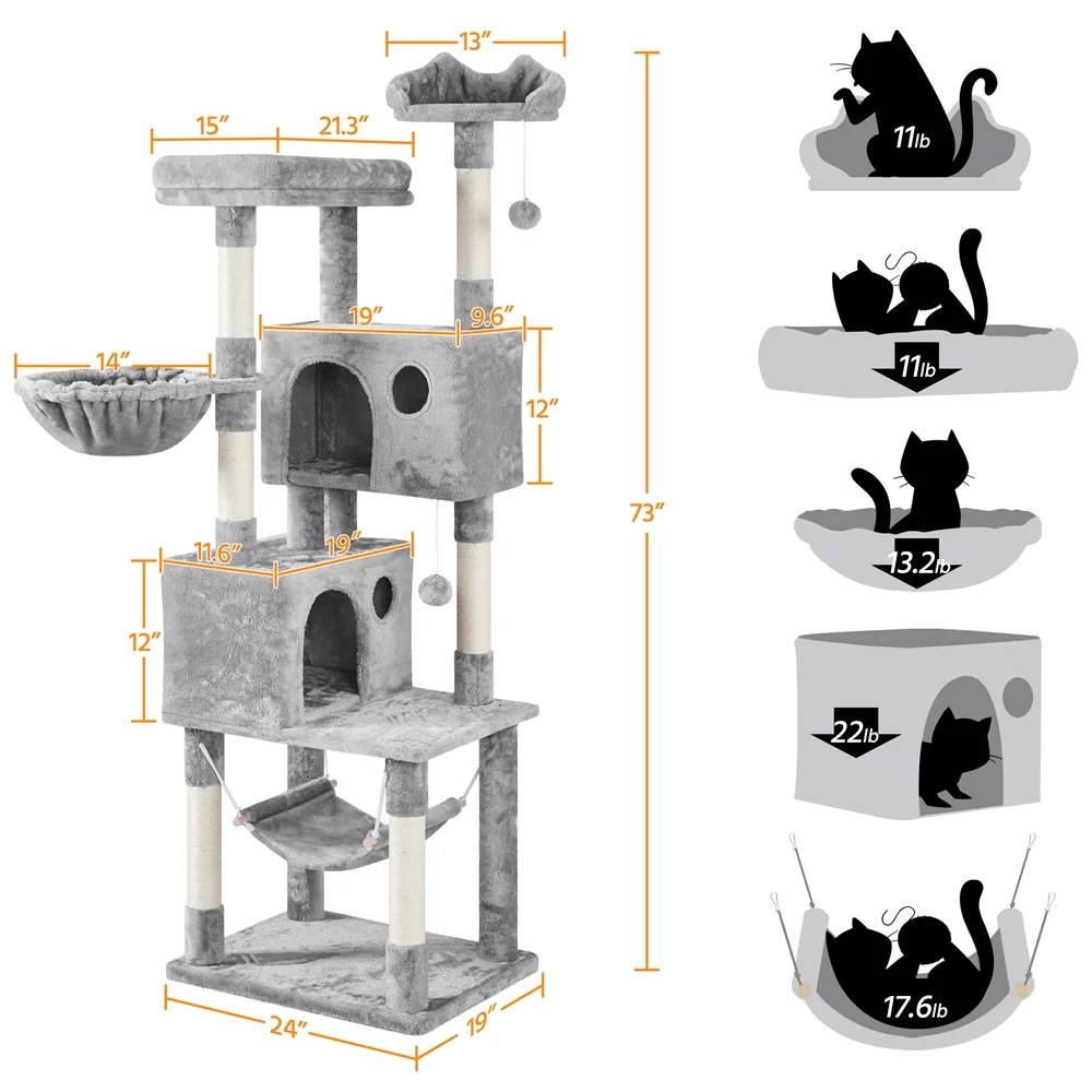 Yaheetech 73''H Multilevel Cat Tree Cat Tower w/ 2 Condos & Scratching Posts, Light Gray