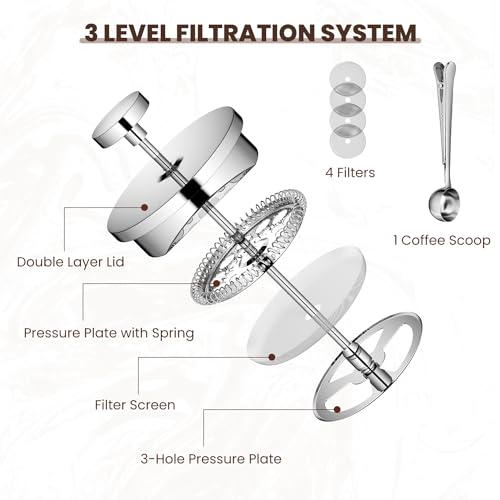 Velaze French Press Coffee Maker 34oz, Double Wall Insulated French Coffee Press Stainless Steel, 1L Coffee Maker Included 4 Extra Fliters and 1 Coffee Spoon, Silver