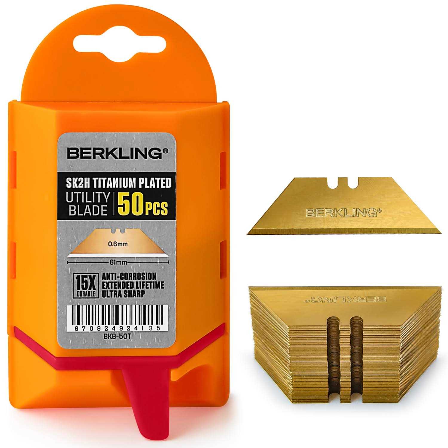 Berkling Titanium Plated SK2H Utility Knife Blades 50-Pack With Dispenser, Ultra 3X Sharper and 10X More Durable - Shop Hardware Tools Online Store