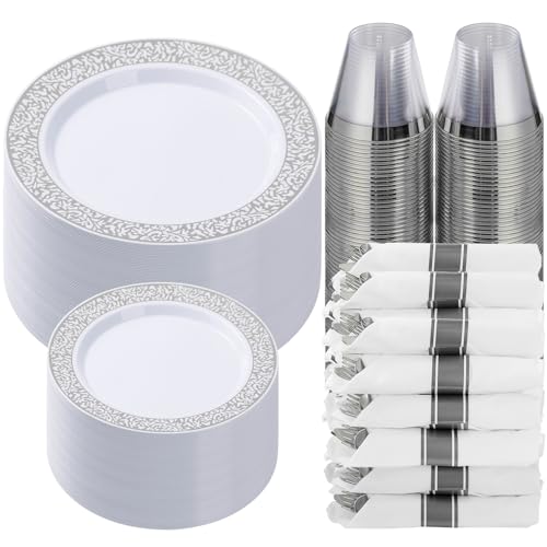 Goodluck 350pc Silver Plastic Dinnerware Set for 50 Guests - Disposable Lace Plates, Napkins, Silverware & Cups