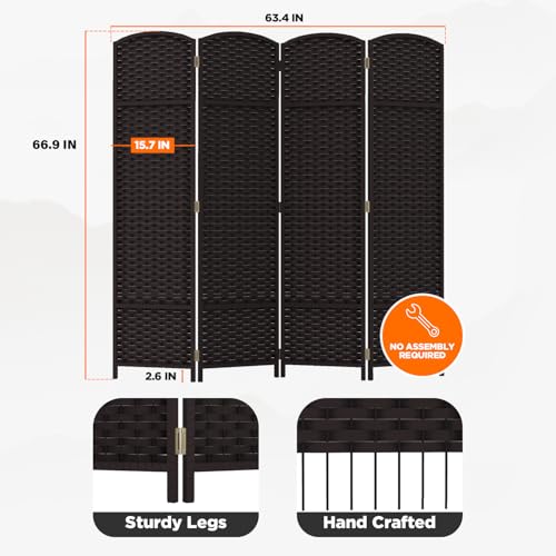 Room Divider 4 Panel Screen 5.6 Ft Tall Partition Room Dividers Brown Privacy Screens Folding Room Separation Free Standing Waterproof Wood Frame Wall Divider