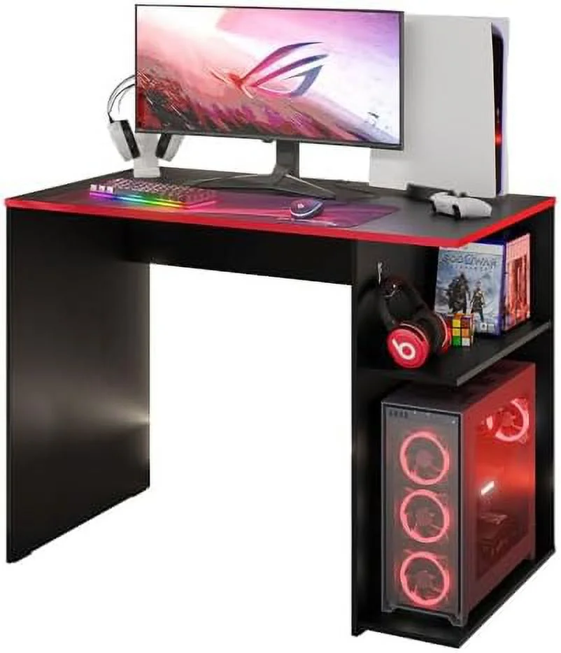 KBANZIBIU Compact Gaming Computer Desk with 2 Shelves  Cable Management and Large Monitor Stand  Wood  21" D x 39" W x 30" H - Black/Red