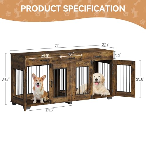 Dog Crate Furniture for 2 Dogs, 71'' XXL Indoor Dog Kennel with 3 Drawers and Removable Room Divider, Wooden Double Dog Crate TV Stand End Table with Double Doors for Large Medium Dogs, White