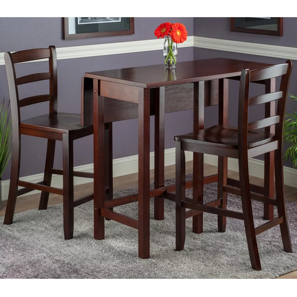 Winsome Wood Lynnwood 3-Pc Set, Drop Leaf Table & 2 Ladder Back Counter Stools, Walnut Finish