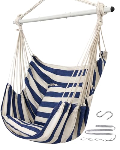 ADVOKAIR Hammock Chair Hanging Chair Swing Large Indoor with Anti-Slip Steel Spread Bar and Pocket-Max 500lbs-2 Cushions, Perfect for Bedroom,Outdoor,Patio, Porch,Backyard…