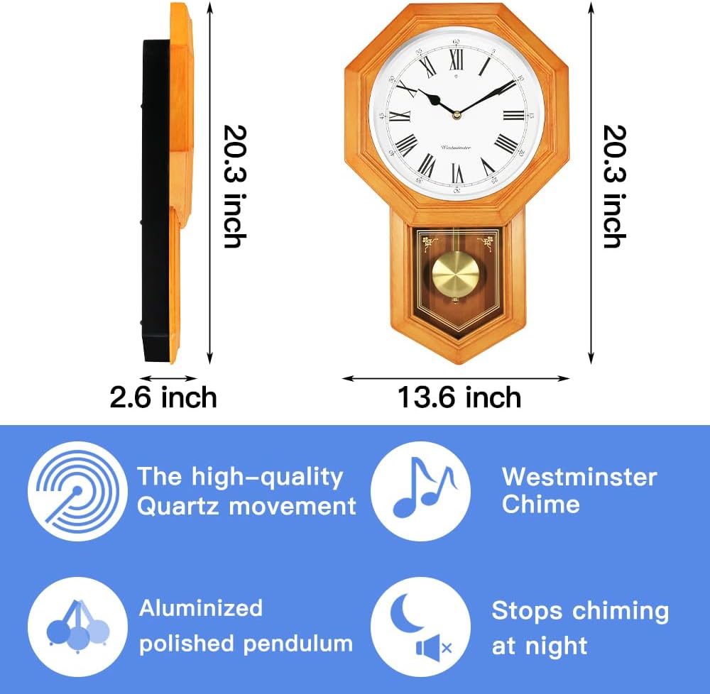 BESTIME 66236A PLASTIC Pendulum Clock Wood Grain Color.Sturdy Frame.Westminster Chime Every Hour,Elegant,Traditional Schoolhouse,Home,Office,Living Room,Bedroom.