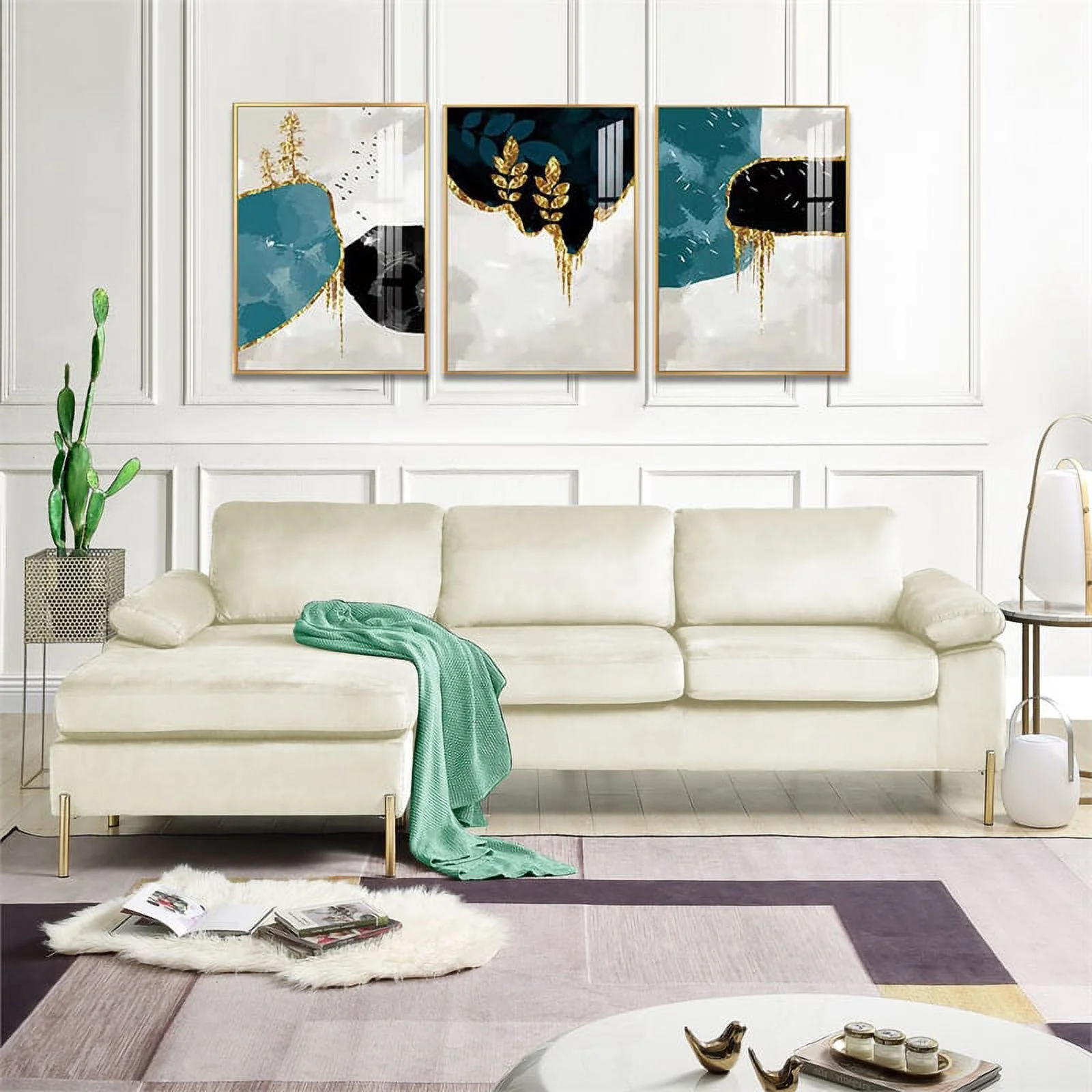 Pemberly Row Modern Velvet Sectional Sofa in Beige/Gold legs