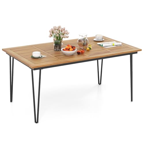 Tangkula 79-Inch Patio Dining Table, Indoor & Outdoor Dining Table w/Umbrella Hole, Acacia Wood Tabletop & Sturdy Metal Legs, Wood Oval Table for 8 People for Patio Yard Garden Deck