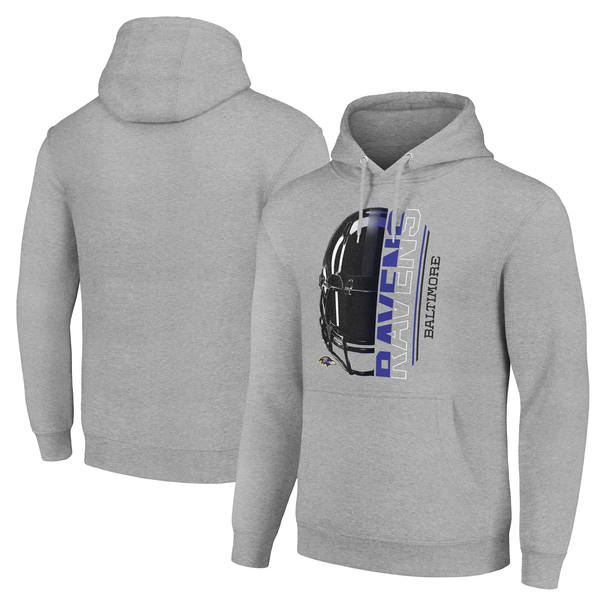 Men's Starter Heather Gray Baltimore Ravens Half Helmet Logo Pullover Hoodie