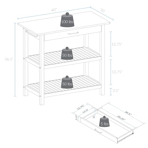Casual Home Kitchen Island with Solid American Hardwood Top, Natural/White, 40