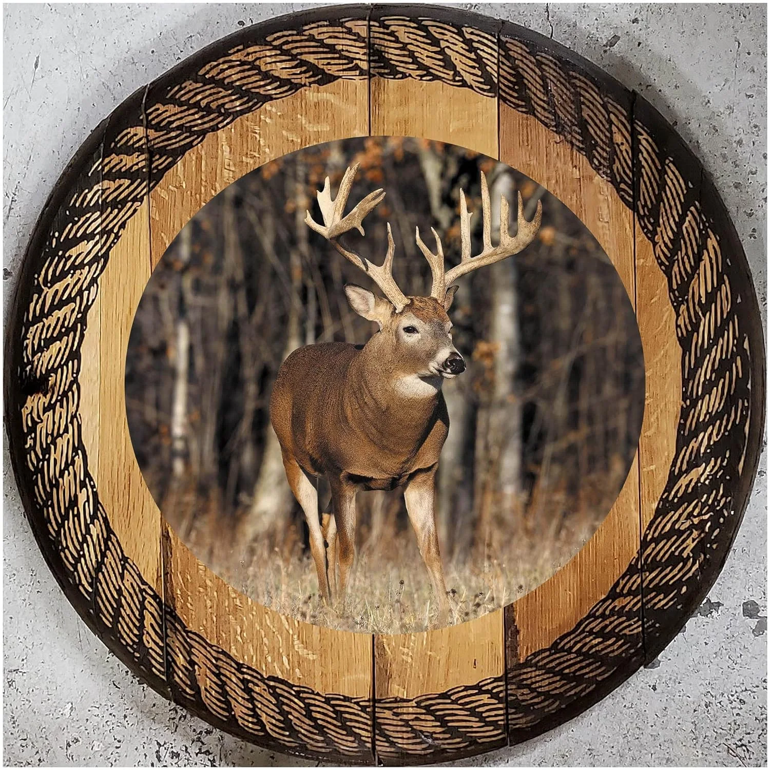 Big Whitetail Deer Pub Gift Farmhouse Rustic Round Whiskey Barrel End Table