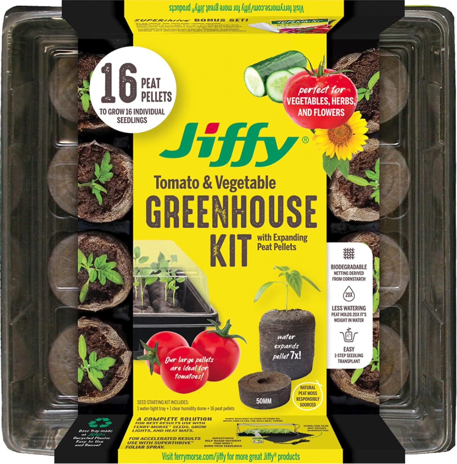 Jiffy 50mm Seed Starting Tomato & Vegetable Greenhouse Kit with 16 Biodegradable Expanding Peat Pellets + Bonus SUPERthrive & Plant Labels