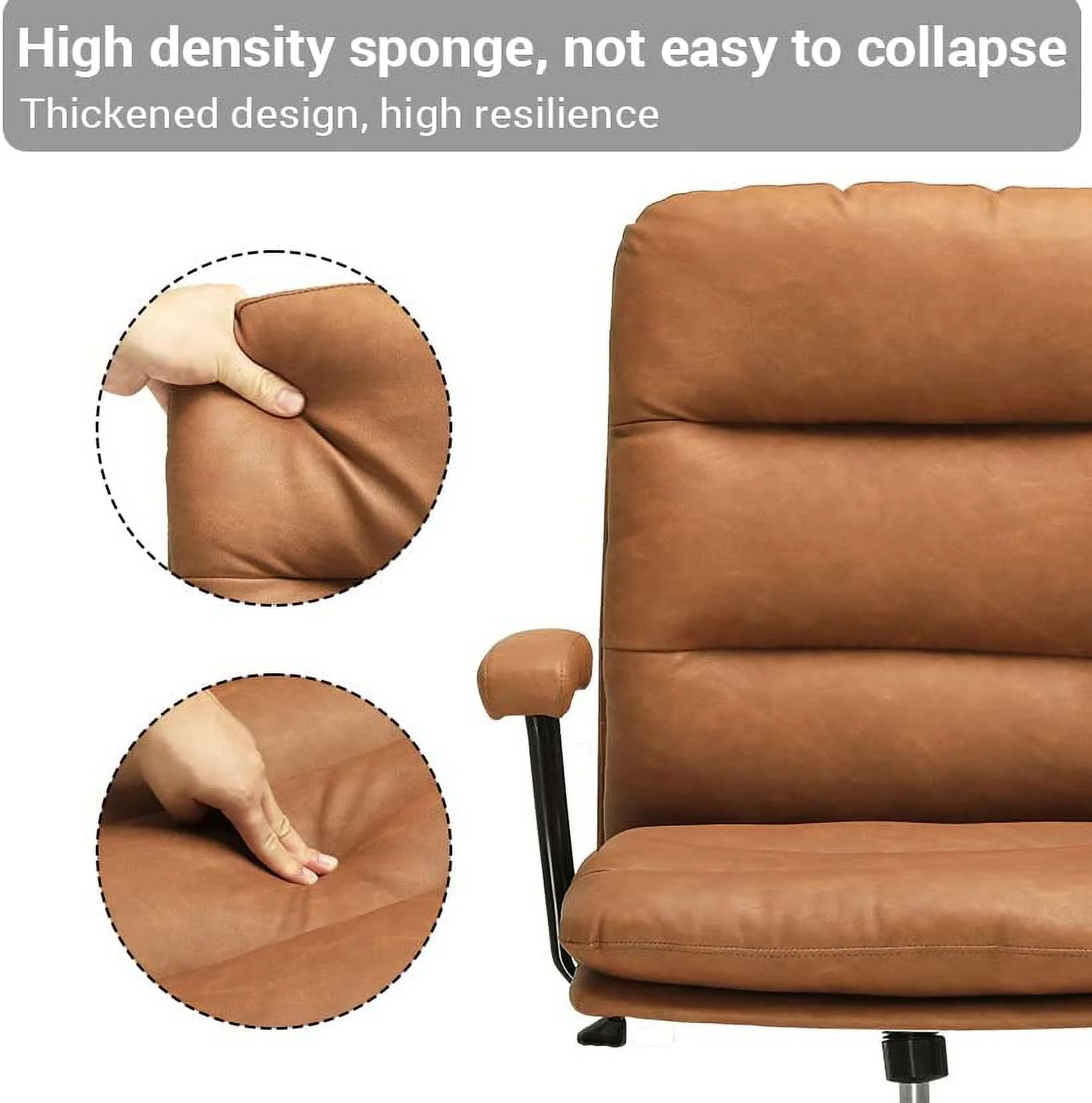 YOJFOTOOU. Leather Office Chair Brown Desk Chair Mid Century Home Office Desk Chair with Arms, Adjustable Back 40°, Capacity 400lbs