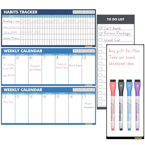 Magnetic Whiteboard for Fridge: Reusable Dry Erase Planner Board, 2 Sheets of Weekly Calenders, Habit Tracker, Memo Pad and to Do List for Refrigerator, 4 Dry Erase Markers - 5 Sheets, 4x10