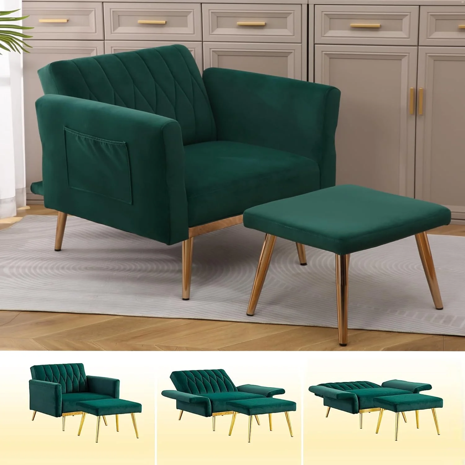 Velvet 2 in 1 Accent Chair with Ottoman,Modern Tufted Single Sofa Armchair with Adjustable Backrest,Armrests,Convertible Sleeper Recliner Lounge Chair for Living Room Bedroom Office (Dark Green-New)