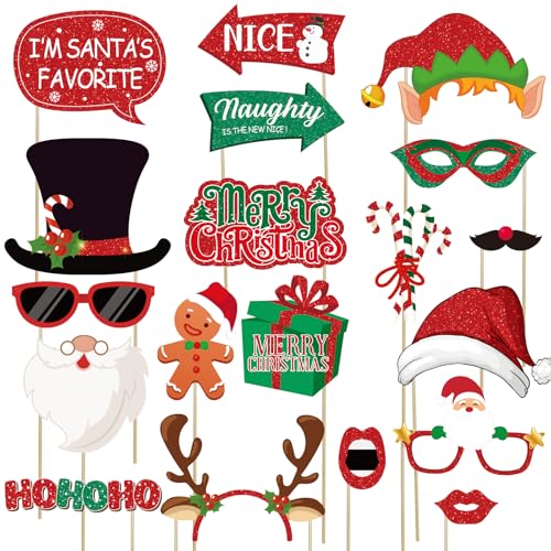 Glitter Christmas Photo Booth Props Set,30pcs Christmas Party Decorations,Fun Xmas Selfie Props Signs,Photo Backdrop Table Decorations Accessories for Holiday Birthday Party Favors Supplies