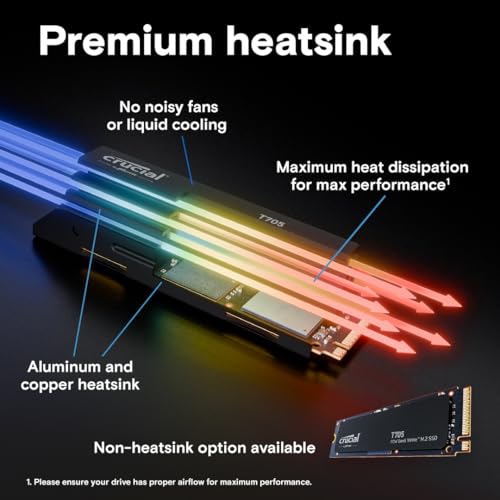Crucial T705 2TB PCIe Gen5 NVMe M.2 SSD - Up to 14,500 MB/s - Game Ready - Internal Solid State Drive (PC) - +1mo Adobe CC - CT2000T705SSD3